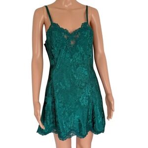 Vintage Victorias Secret Gold Label Green Satin Floral Lace Slip Dress M Holiday